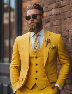 Men's Business Casual Suits Notch Lapel Yellow Formal Solid Colored Standard Fit 3 Piece Single Breasted One-button