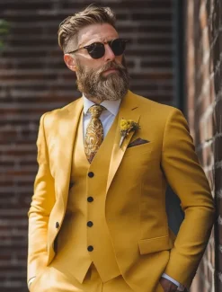 Men's Business Casual Suits Notch Lapel Yellow Formal Solid Colored Standard Fit 3 Piece Single Breasted One-button