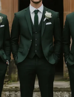 Men's Business Fall Wedding Suits Notch Lapel Dark Green Fashion Formal Solid Colored Standard Fit 3 Piece Single Breasted Two-buttons