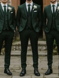Men's Business Fall Wedding Suits Notch Lapel Dark Green Fashion Formal Solid Colored Standard Fit 3 Piece Single Breasted Two-buttons
