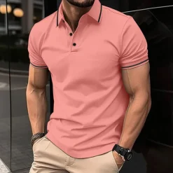 Men's Business Polo Golf Shirt Business Casual Ribbed Polo Collar Short Sleeve Solid Color Buttons Summer Spring & Fall Light Pink Dark Pink Black White Light Green Dark navy Business Polo