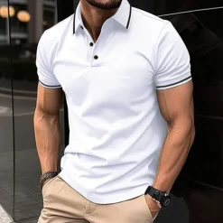 Men's Business Polo Golf Shirt Business Casual Ribbed Polo Collar Short Sleeve Solid Color Buttons Summer Spring & Fall Light Pink Dark Pink Black White Light Green Dark navy Business Polo