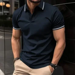 Men's Business Polo Golf Shirt Business Casual Ribbed Polo Collar Short Sleeve Solid Color Buttons Summer Spring & Fall Light Pink Dark Pink Black White Light Green Dark navy Business Polo