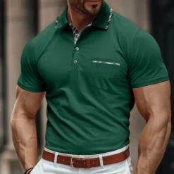 Men's Business Polo Golf Shirt Work Business Lapel Classic Short Sleeve Basic Modern Color Block Patchwork Button Spring & Summer Regular Fit Light Blue Black Light Grey Green Khaki Dark Blue