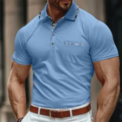 Men's Business Polo Golf Shirt Work Business Lapel Classic Short Sleeve Basic Modern Color Block Patchwork Button Spring & Summer Regular Fit Light Blue Black Light Grey Green Khaki Dark Blue