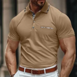 Men's Business Polo Golf Shirt Work Business Lapel Classic Short Sleeve Basic Modern Color Block Patchwork Button Spring & Summer Regular Fit Light Blue Black Light Grey Green Khaki Dark Blue