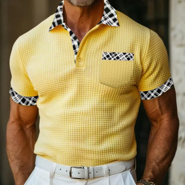 Men's Business Polo Golf Shirt Work Casual Lapel Classic Short Sleeve Basic Modern Color Block Patchwork Button Spring & Summer Regular Fit Light Yellow milk white khaki Gray Business Polo