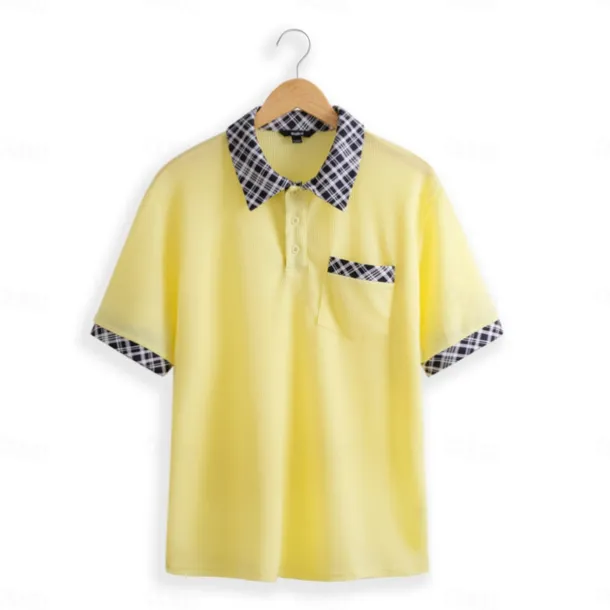 Men's Business Polo Golf Shirt Work Casual Lapel Classic Short Sleeve Basic Modern Color Block Patchwork Button Spring & Summer Regular Fit Light Yellow milk white khaki Gray Business Polo
