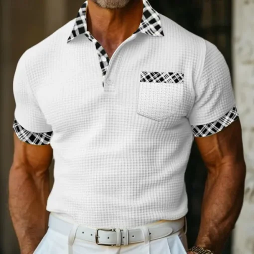 Men's Business Polo Golf Shirt Work Casual Lapel Classic Short Sleeve Basic Modern Color Block Patchwork Button Spring & Summer Regular Fit Light Yellow milk white khaki Gray Business Polo
