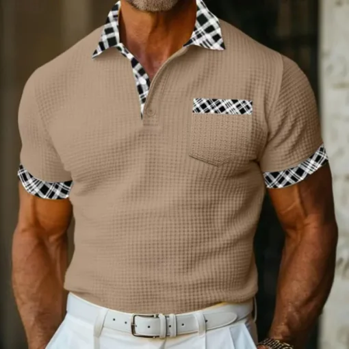 Men's Business Polo Golf Shirt Work Casual Lapel Classic Short Sleeve Basic Modern Color Block Patchwork Button Spring & Summer Regular Fit Light Yellow milk white khaki Gray Business Polo