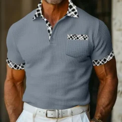 Men's Business Polo Golf Shirt Work Casual Lapel Classic Short Sleeve Basic Modern Color Block Patchwork Button Spring & Summer Regular Fit Light Yellow milk white khaki Gray Business Polo