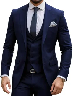 Men's Business Suits Notch Lapel Navy Blue Fashion Formal Solid Colored Standard Fit 3 Piece Single Breasted Two-buttons
