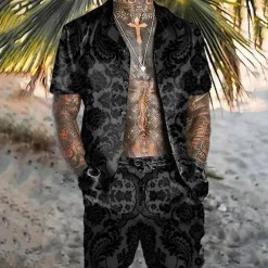 Men's Butterfly Leaves 2pcs Shirts Sets Summer Hawaiian Shirt Short Sleeve Short Pants Cuban Collar Tropical Fashion Hawaiian Casual Holiday Beach Print Summer Spring Black Black / Green Light Green