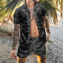 Men's Butterfly Leaves 2pcs Shirts Sets Summer Hawaiian Shirt Short Sleeve Short Pants Cuban Collar Tropical Fashion Hawaiian Casual Holiday Beach Print Summer Spring Black Black / Green Light Green