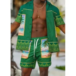 Men's Butterfly Leaves 2pcs Shirts Sets Summer Hawaiian Shirt Short Sleeve Short Pants Cuban Collar Tropical Fashion Hawaiian Casual Holiday Beach Print Summer Spring Black Black / Green Light Green