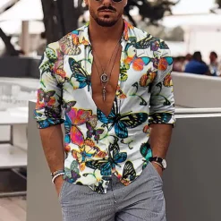 Men's Butterfly Shirt Long Sleeve Sports Fashion Designer Daily Holiday Summer Spring Turndown Print Blue