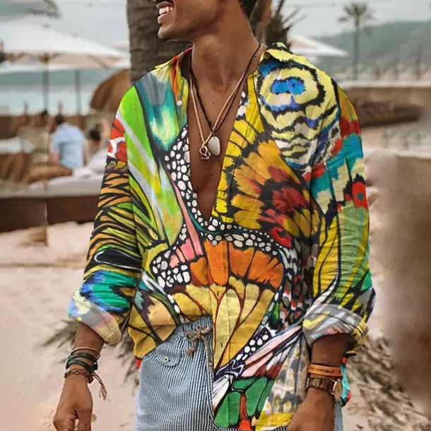 Men's Butterfly Shirt Summer Hawaiian Shirt Aloha Shirt Long Sleeve Shirt Turndown Fashion Streetwear Designer Outdoor Street Casual White Yellow Green S M L