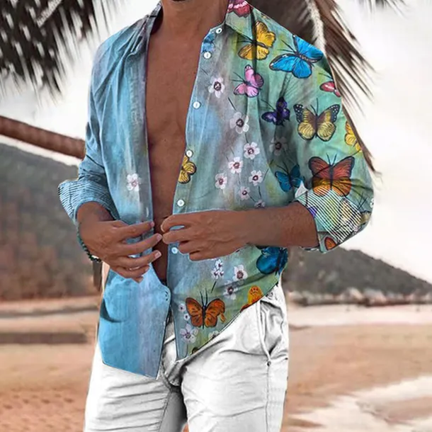 Men's Butterfly Shirt Summer Hawaiian Shirt Aloha Shirt Long Sleeve Shirt Turndown Fashion Streetwear Designer Outdoor Street Casual White Yellow Green S M L