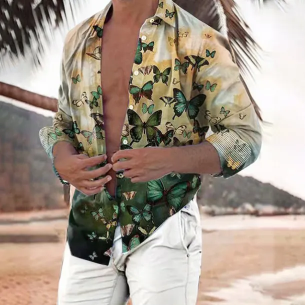 Men's Butterfly Shirt Summer Hawaiian Shirt Aloha Shirt Long Sleeve Shirt Turndown Fashion Streetwear Designer Outdoor Street Casual White Yellow Green S M L