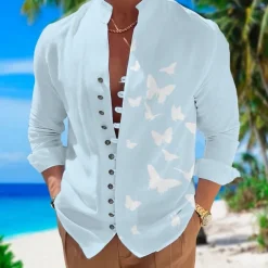 Men's Butterfly Shirt Summer Hawaiian Shirt Aloha Shirt Long Sleeve Shirt Stand Collar Fashion Designer Casual Outdoor Vacation Street Black White+Black White S M L