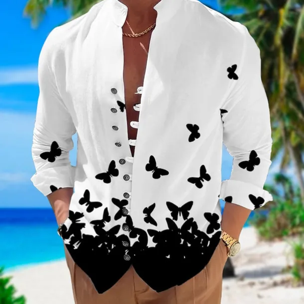 Men's Butterfly Shirt Summer Hawaiian Shirt Aloha Shirt Long Sleeve Shirt Stand Collar Fashion Designer Casual Outdoor Vacation Street Black White+Black White S M L
