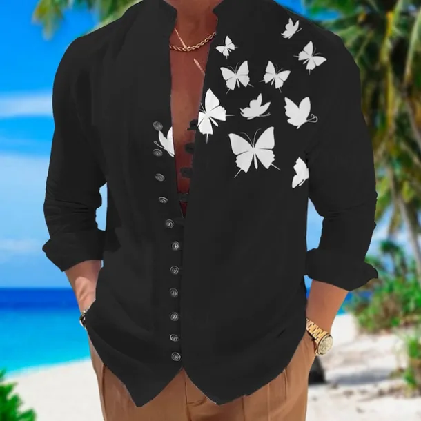 Men's Butterfly Shirt Summer Hawaiian Shirt Aloha Shirt Long Sleeve Shirt Stand Collar Fashion Designer Casual Outdoor Vacation Street Black White+Black White S M L