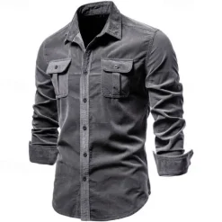 Men's Button Down Shirt Casual Shirt Corduroy Shirt Navy Blue Blue Green khaki Gray Long Sleeve Solid Color Turndown Shirt Collar Outdoor Daily Clothing Apparel Warm Daily