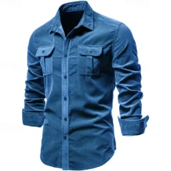 Men's Button Down Shirt Casual Shirt Corduroy Shirt Navy Blue Blue Green khaki Gray Long Sleeve Solid Color Turndown Shirt Collar Outdoor Daily Clothing Apparel Warm Daily