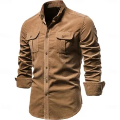 Men's Button Down Shirt Casual Shirt Corduroy Shirt Navy Blue Blue Green khaki Gray Long Sleeve Solid Color Turndown Shirt Collar Outdoor Daily Clothing Apparel Warm Daily