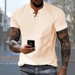 Men's Button T Shirt Henley Shirt Tee Short Sleeve Shirt Short Sleeve Henley Summer Solid / Plain Color Fashion Designer Fashion Vacation Street Going out Navy Black White Top Tee for Men