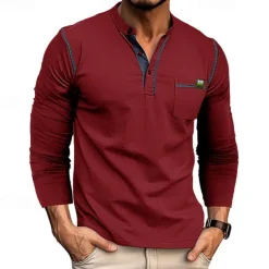 Men's Button T Shirt T Shirt Henley Shirt Tee Long Sleeve Henley Spring & Fall Color Block Fashion Designer Basic Patchwork Vacation Street Going out Black White Wine Top Tee for Men