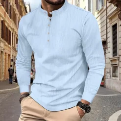 Men's Button T Shirt T Shirt Henley Shirt Tee Long Sleeve Henley Spring & Fall Plain Fashion Designer Basic Vacation Street Going out Black White Khaki Top Tee for Men
