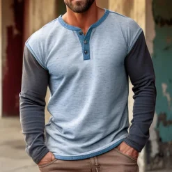 Men's Button T Shirt T Shirt Henley Shirt Tee Top Long Sleeve Henley Spring & Fall Color Block Fashion Designer Basic Patchwork Vacation Street Going out Pink Blue khaki Top Tee for Men