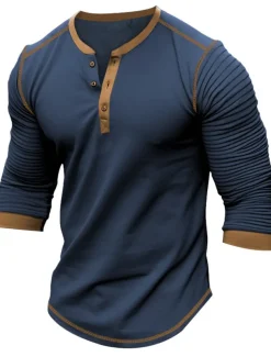 Men's Button T Shirt T Shirt Henley Shirt Tee Top Long Sleeve Henley Spring & Fall Slim Pleated Raglan Sleeve Fashion Designer Basic Patchwork Vacation Street Going out Black Navy Blue Brown Top Tee