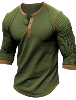 Men's Button T Shirt T Shirt Henley Shirt Tee Top Long Sleeve Henley Spring & Fall Slim Pleated Raglan Sleeve Fashion Designer Basic Patchwork Vacation Street Going out Black Navy Blue Brown Top Tee