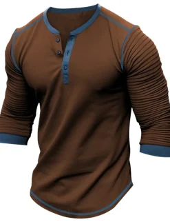 Men's Button T Shirt T Shirt Henley Shirt Tee Top Long Sleeve Henley Spring & Fall Slim Pleated Raglan Sleeve Fashion Designer Basic Patchwork Vacation Street Going out Black Navy Blue Brown Top Tee