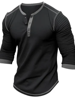 Men's Button T Shirt T Shirt Henley Shirt Tee Top Long Sleeve Henley Spring & Fall Slim Pleated Raglan Sleeve Fashion Designer Basic Patchwork Vacation Street Going out Black Navy Blue Brown Top Tee