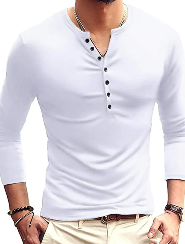 Men's Button T Shirt T Shirt Long Sleeve Shirt Long Sleeve Stand Collar Spring & Fall Plain Lightweight Classic Casual Button-Down Vacation Casual Holiday Wine Black White Top Tee for Men