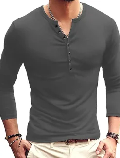 Men's Button T Shirt T Shirt Long Sleeve Shirt Long Sleeve Stand Collar Spring & Fall Plain Lightweight Classic Casual Button-Down Vacation Casual Holiday Wine Black White Top Tee for Men