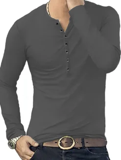 Men's Button T Shirt T Shirt Long Sleeve Shirt Long Sleeve Stand Collar Spring & Fall Plain Lightweight Classic Casual Button-Down Vacation Casual Holiday Wine Black White Top Tee for Men