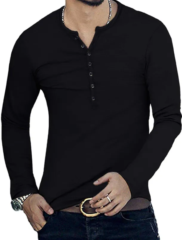 Men's Button T Shirt T Shirt Long Sleeve Shirt Long Sleeve Stand Collar Spring & Fall Plain Lightweight Classic Casual Button-Down Vacation Casual Holiday Wine Black White Top Tee for Men