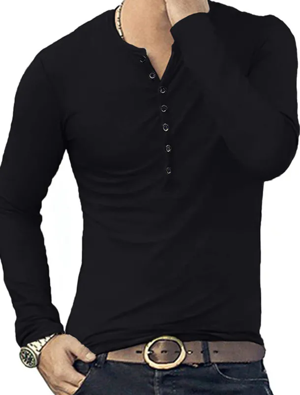 Men's Button T Shirt T Shirt Long Sleeve Shirt Long Sleeve Stand Collar Spring & Fall Plain Lightweight Classic Casual Button-Down Vacation Casual Holiday Wine Black White Top Tee for Men