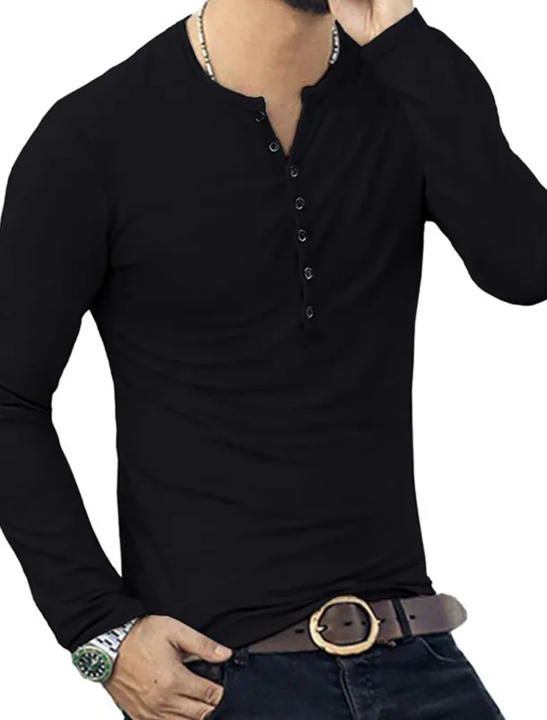 Men's Button T Shirt T Shirt Long Sleeve Shirt Long Sleeve Stand Collar Spring & Fall Plain Lightweight Classic Casual Button-Down Vacation Casual Holiday Wine Black White Top Tee for Men