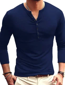 Men's Button T Shirt T Shirt Long Sleeve Shirt Long Sleeve Stand Collar Spring & Fall Plain Lightweight Classic Casual Button-Down Vacation Casual Holiday Wine Black White Top Tee for Men