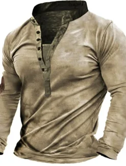 Men's Button T Shirt T Shirt Henley Shirt Tee Top Long Sleeve Queen Anne Spring & Fall Color Block Vintage Designer Basic Patchwork Vacation Street Going out Khaki Top Tee for Men