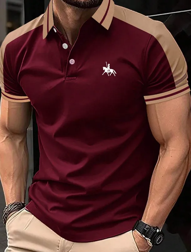 Men's Button Up Polos Cotton Polo Shirt Casual Holiday Lapel Short Sleeve Fashion Basic Color Block Patchwork Embroidered Summer Regular Fit Black Wine Navy Blue Green Grey Button Up Polos