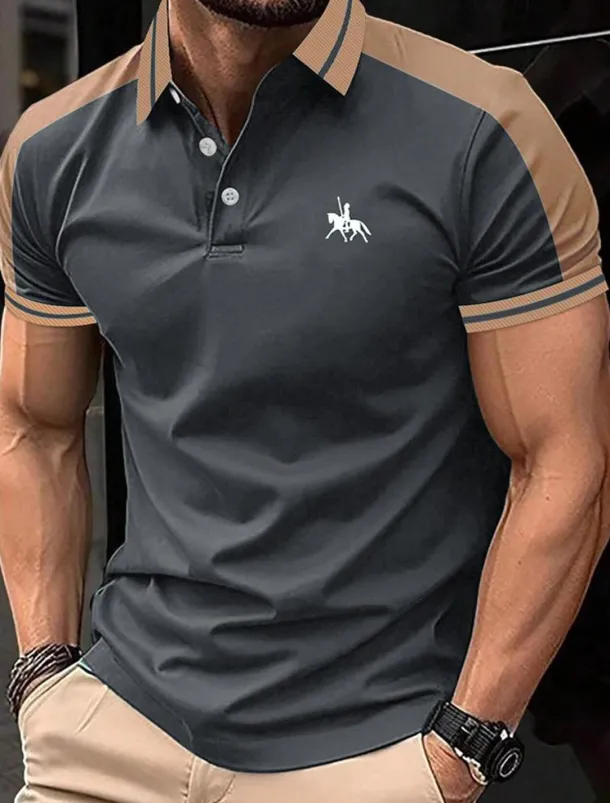 Men's Button Up Polos Cotton Polo Shirt Casual Holiday Lapel Short Sleeve Fashion Basic Color Block Patchwork Embroidered Summer Regular Fit Black Wine Navy Blue Green Grey Button Up Polos