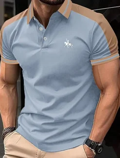 Men's Button Up Polos Cotton Polo Shirt Casual Holiday Lapel Short Sleeve Fashion Basic Color Block Patchwork Embroidered Summer Regular Fit Black Wine Navy Blue Green Grey Button Up Polos