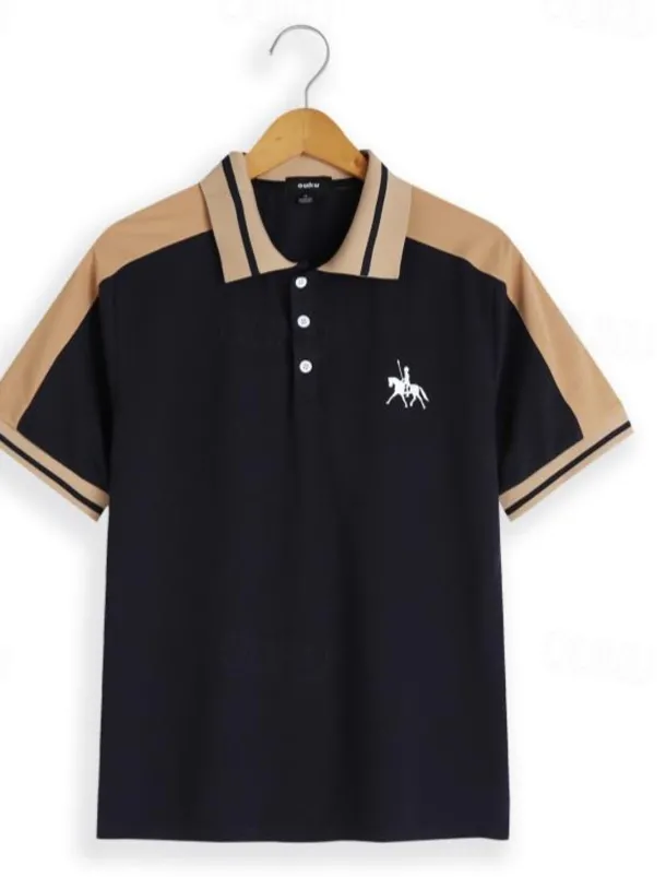 Men's Button Up Polos Cotton Polo Shirt Casual Holiday Lapel Short Sleeve Fashion Basic Color Block Patchwork Embroidered Summer Regular Fit Black Wine Navy Blue Green Grey Button Up Polos