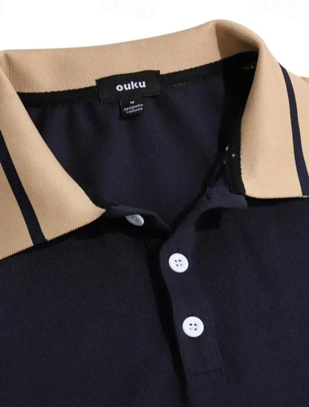 Men's Button Up Polos Cotton Polo Shirt Casual Holiday Lapel Short Sleeve Fashion Basic Color Block Patchwork Embroidered Summer Regular Fit Black Wine Navy Blue Green Grey Button Up Polos